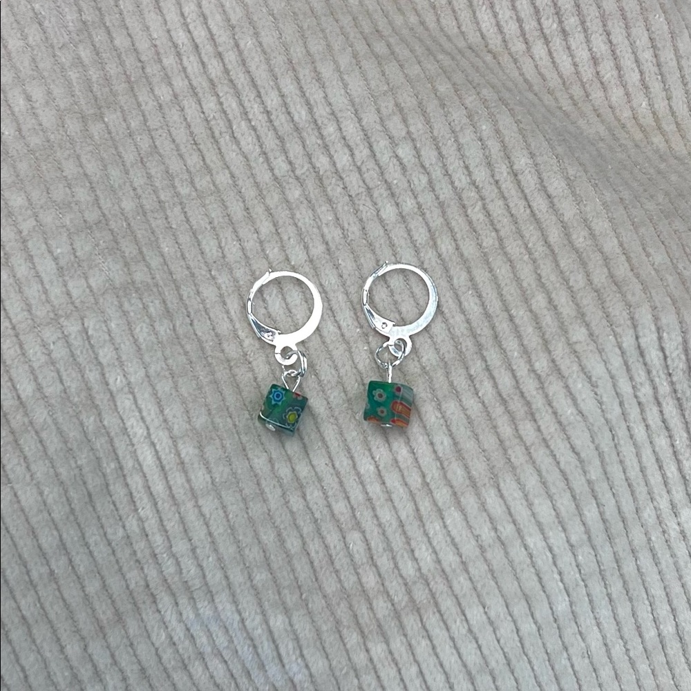 Green cube flower charm earrings